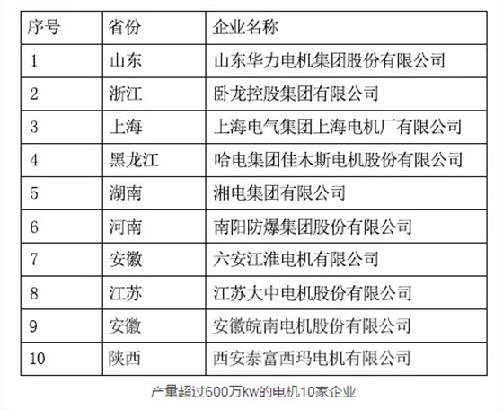 產(chǎn)量超過600萬kw的電機10家企業(yè)