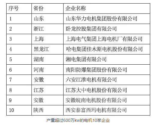 產(chǎn)量超過600萬kw的電機10家企業(yè)